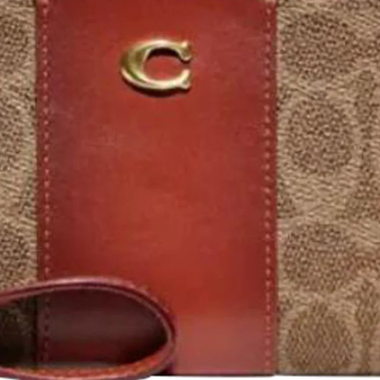 COACH Double Zip Wallet Signature Coated Canvas With Refined Calfskin Clutch Card Holder, Wallet Women's Tan & Rusty-3