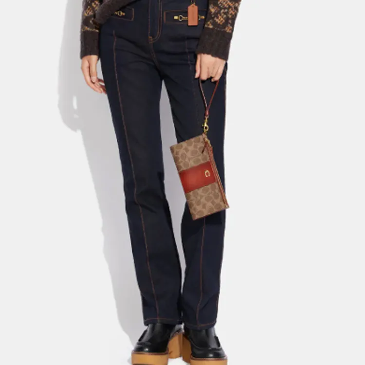 COACH Double Zip Wallet Signature Coated Canvas With Refined Calfskin Clutch Card Holder, Wallet Women's Tan & Rusty-4