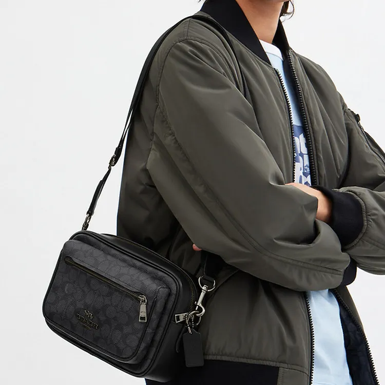 COACH Elias Coated Canvas With Smooth Calfskin Messenger Bag Crossbody Bags Medium Size Men's Charcoal Gray-2