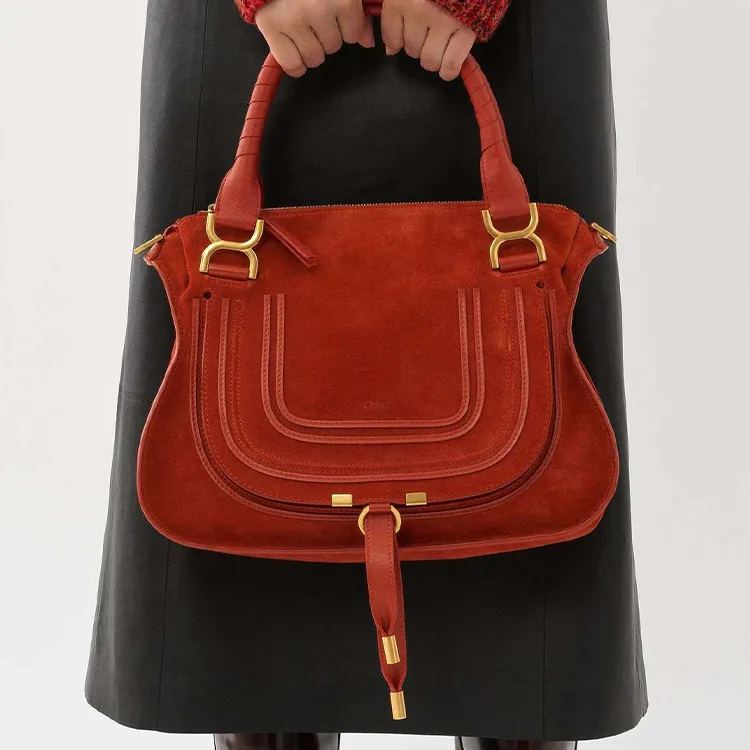 Chloe Marcie Suede Studded Calfskin Shoulder Bag Crossbody Bag Handbag Medium Size Women's Orange Red-4