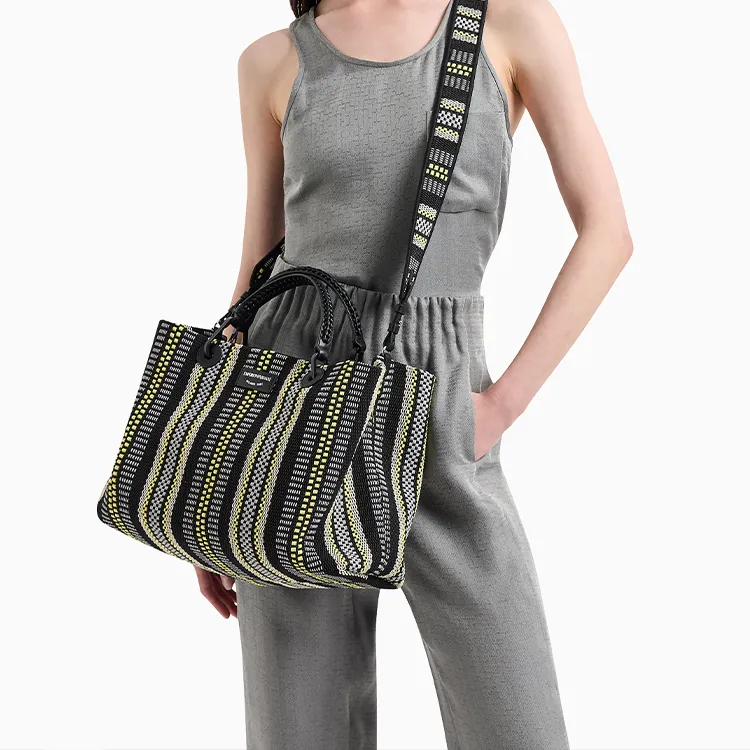 EMPORIO ARMANI Cotton And Polyester Blend Tote Bag Shopping Bag Handbag Medium Size Women's Black & Multicolor-6
