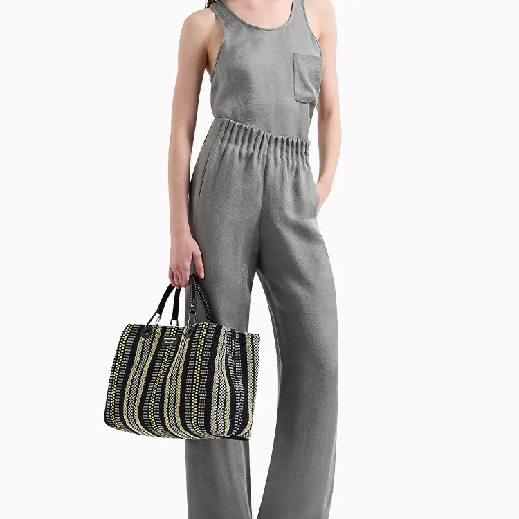 EMPORIO ARMANI Cotton And Polyester Blend Tote Bag Shopping Bag Handbag Medium Size Women's Black & Multicolor-7