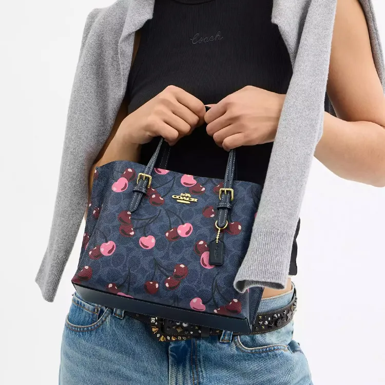 COACH Mollie Coated Canvas Tote Bag, Shopping Bag, Shoulder Bag, Handbag Medium Size Women's Gold With Denim Multicolor-6