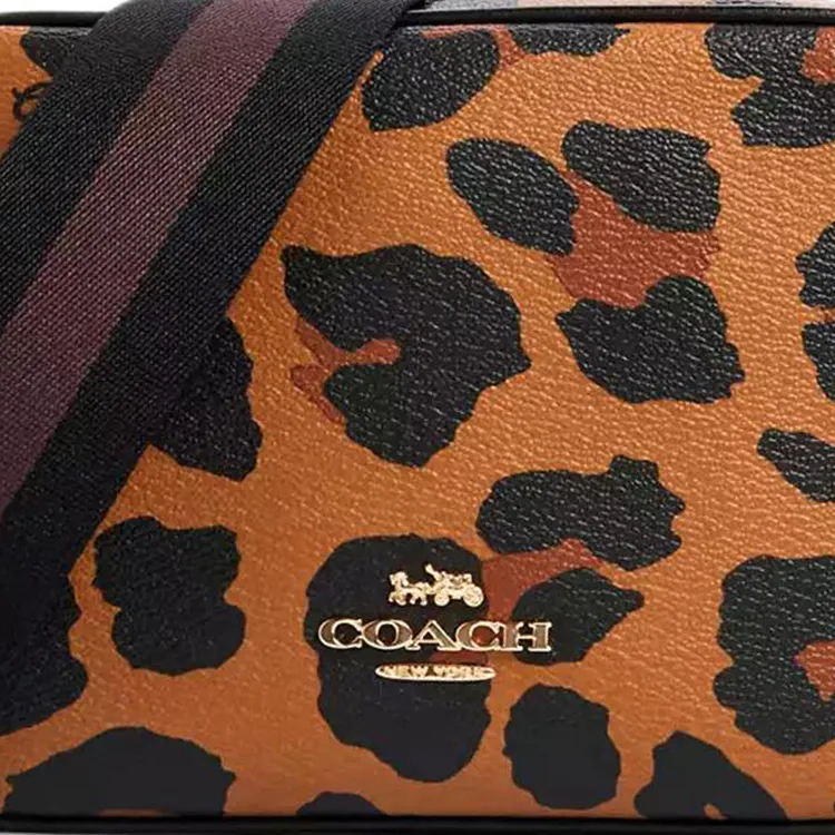 COACH Jes Coated Canvas With Leather Camera Bag, Shoulder Bag, Crossbody Bag Trumpets Women's Black Leopard Print-3