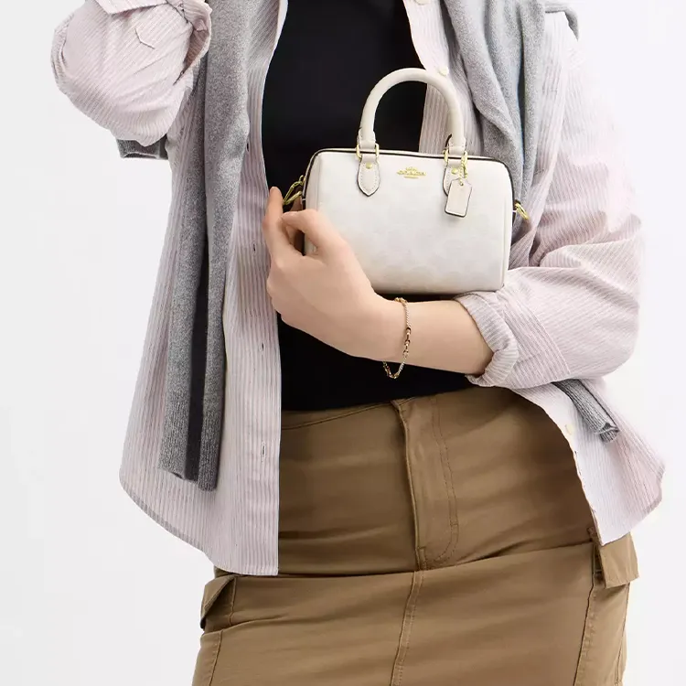 COACH Rowan Coated Canvas One Shoulder Handbags Small Size Women's Gold & White-4