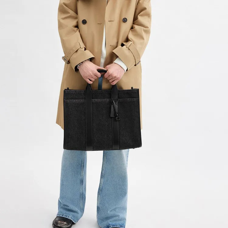 COACH Denim With Refined Calfskin Tote Bag, Shopping Bag, Shoulder Bag, Handbag Tubas Men's Washed Black-5