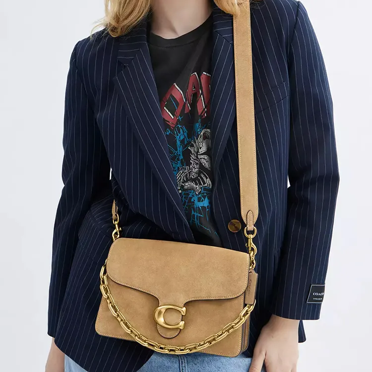 COACH Suede With Calfskin One Shoulder Handbag Tubas Women's Brass Sand Color-6