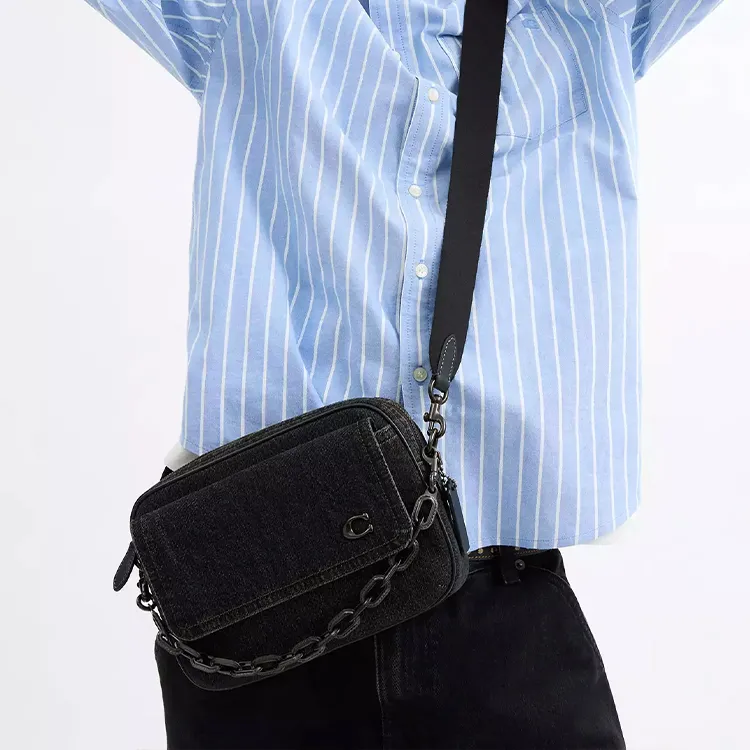 COACH Charter Denim With Refined Calfskin Shoulder Bag Medium Size Men's Washed Black-5