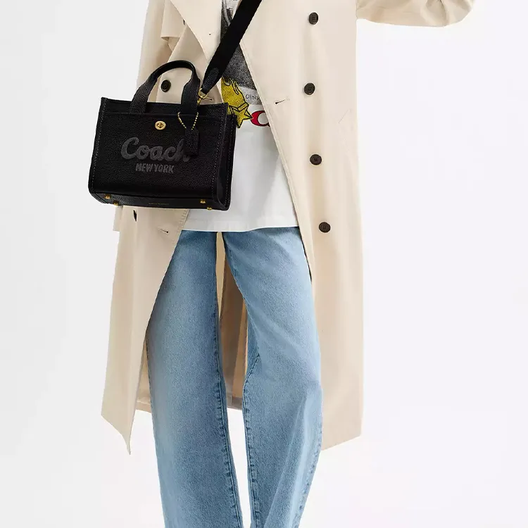 COACH Cargo Litchi Grain Leather Tote Bag, Shopping Bag, Shoulder Bag, Handbag Tubas Women's Brass & Black-8