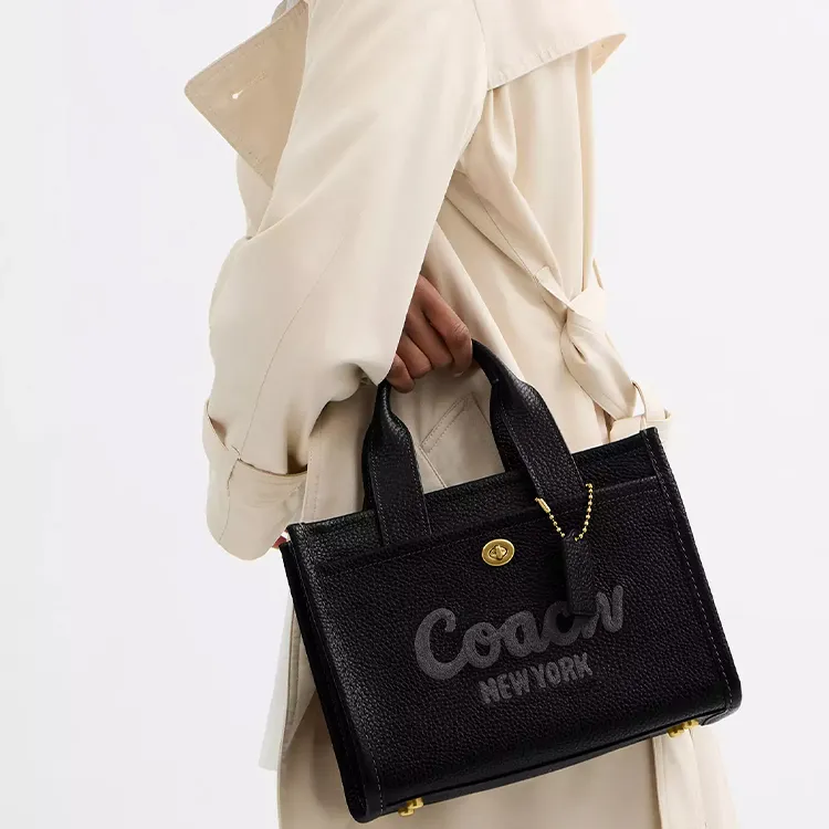 COACH Cargo Litchi Grain Leather Tote Bag, Shopping Bag, Shoulder Bag, Handbag Tubas Women's Brass & Black-7