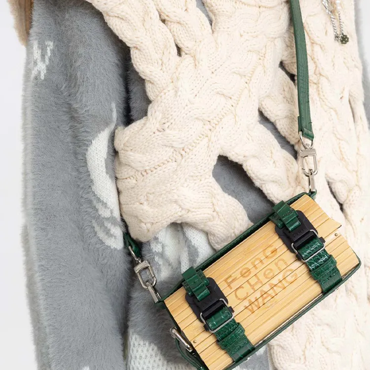 Feng Chen Wang Native Bamboo Ply With PU Bamboo Bag, Shoulder Bag, Crossbody Bag Trumpets Unisex Green-4