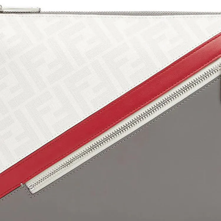 FENDI Cow Leather Clutch Men's Gray & White & Red-4