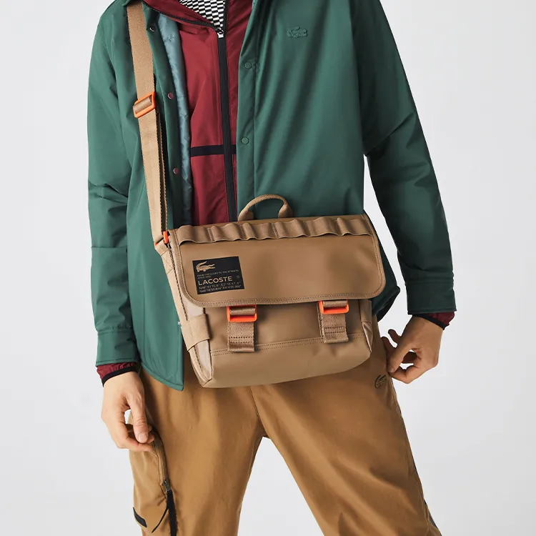 LACOSTE PVC Messenger Bag, One Shoulder Handbag, Crossbody Bag Regular Men's Brown-5