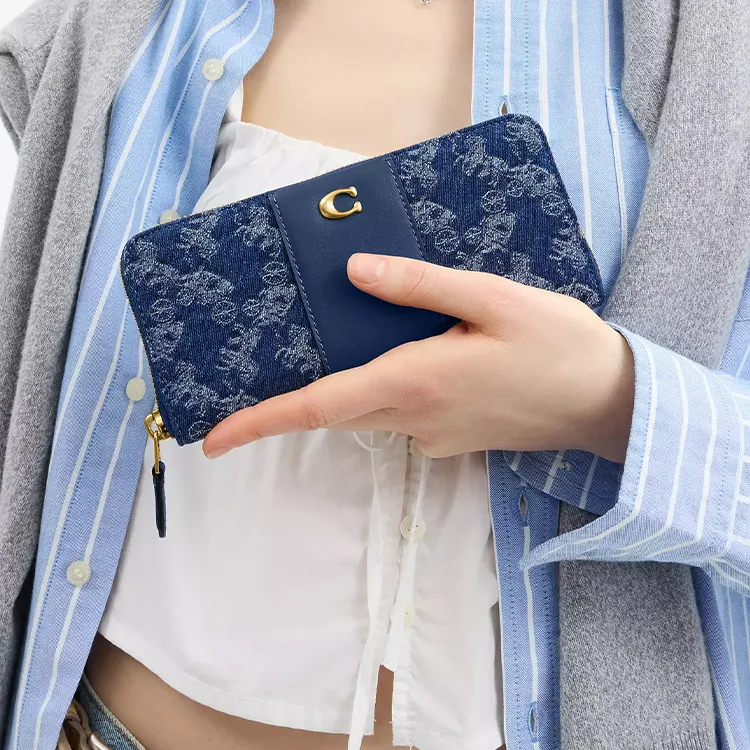 COACH Denim With Calfskin Wallet Small Size Women's Dark Blue-2