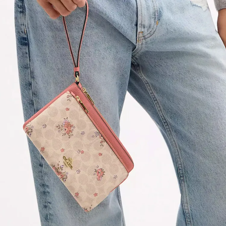 COACH Double Zip Wallet Coated Canvas With Leather Wallet Small Size Women's Gold & Beach Multicolor-3