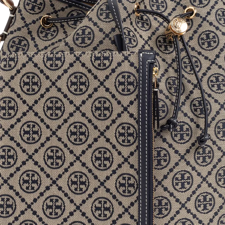 TORY BURCH T Monogram Fabric With Leather Bucket Bag, One Shoulder Handbag Women's Beige-4