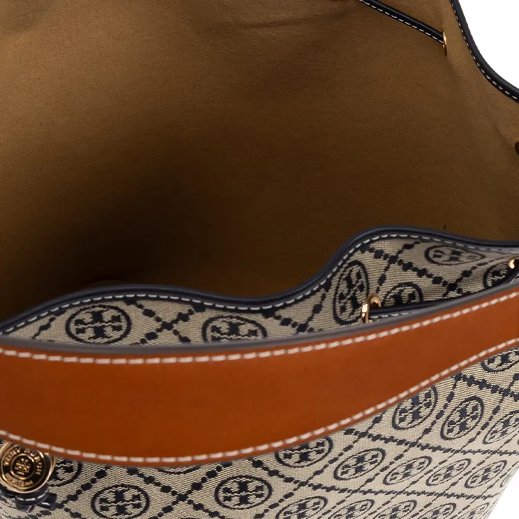 TORY BURCH T Monogram Fabric With Leather Bucket Bag, One Shoulder Handbag Women's Beige-3