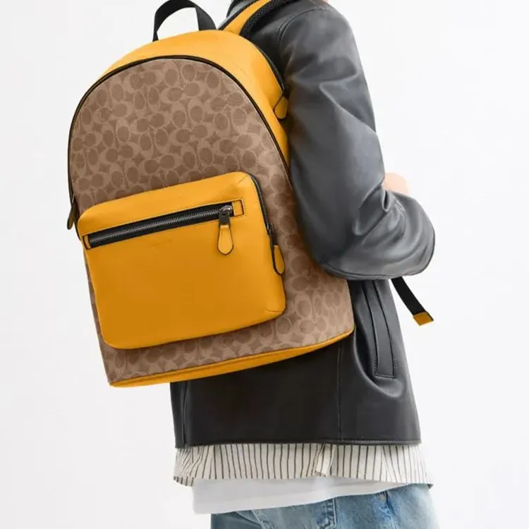 COACH West Cow Leather With Fabric With Artificial Leather Backpack Tubas Men's Brown Yellow & Golden Poppy Color-3