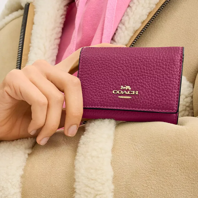 COACH Micro Pebble Leather Wallet Mini Women's Gold & Pink-3