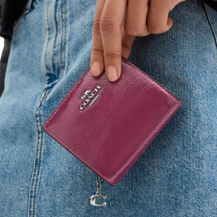 COACH Snap Wallet Patent Leather Wallet Mini Women's Silver & Pink-3