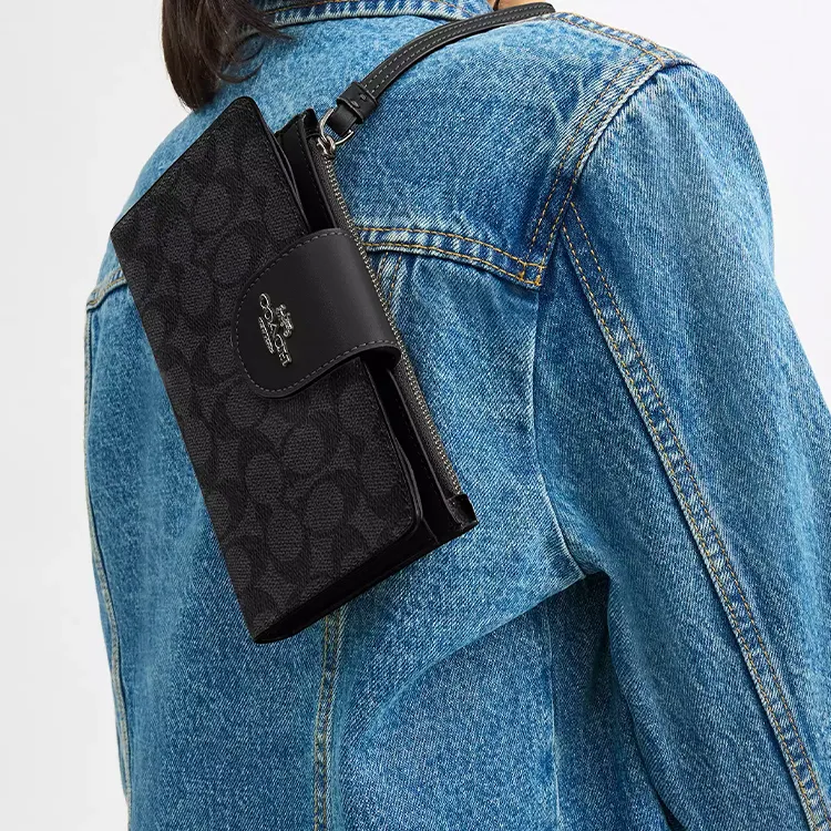 COACH Phone Coated Canvas Wallet Trumpets Women's Bronze & Charcoal Gray & Black-2