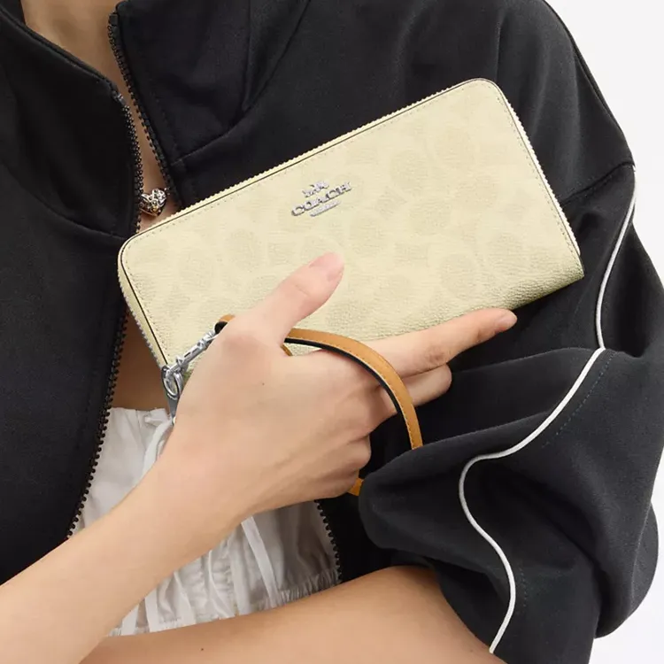 COACH Zip Around Coated Canvas Wallet Trumpets Women's Silver & Dry Grass-2