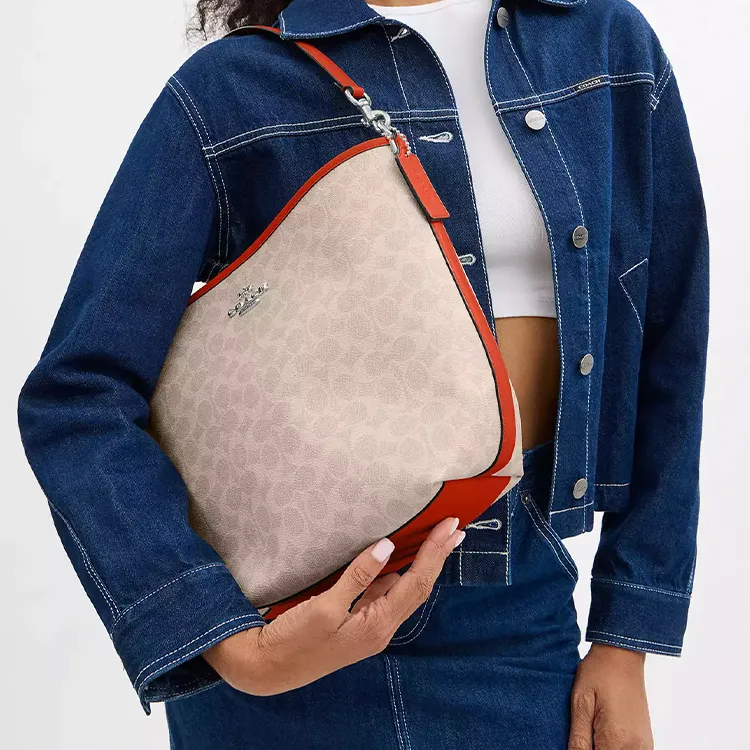 COACH City Coated Canvas Bucket Bag, Shoulder Bag, Crossbody Bag, Handbag Tubas Women's Silver & Sand & Dark Orange-4