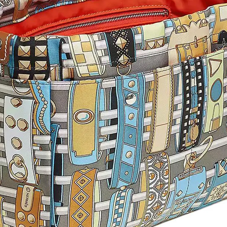HERMES Fourbi Silk With Barenia Calfskin Detail Handbag Women's Meyer Gray & Paradise Blue & Deer Color-1