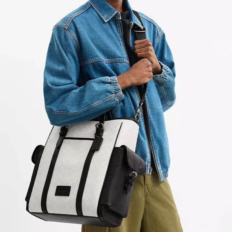 COACH Sprint Coated Canvas Tote Bag, Shopping Bag, Shoulder Bag, Crossbody Bag, Handbag Tubas Men's Chalk & Black-3