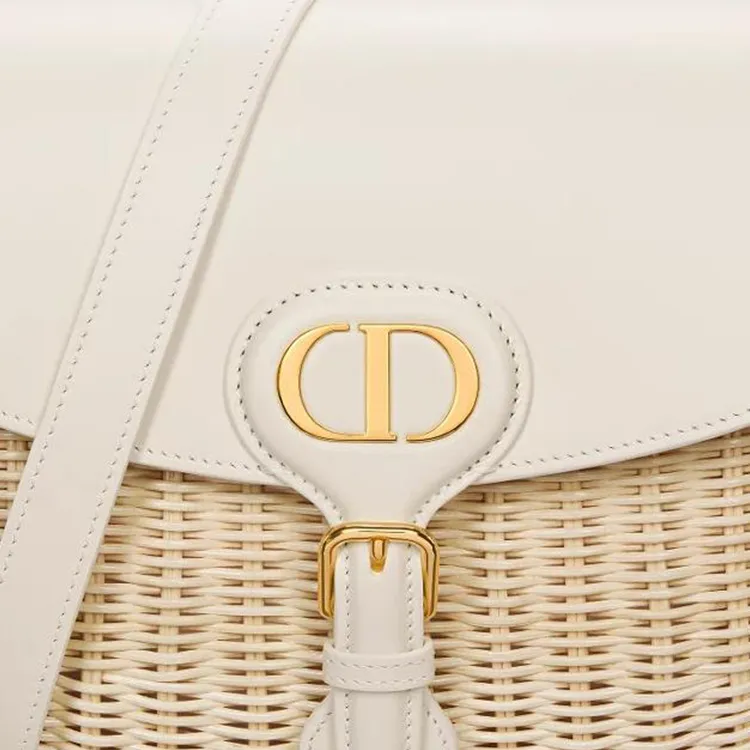DIOR Bobby Rattan With Calfskin Shoulder Bag Medium Size Women's Natural Color & Milk White-5