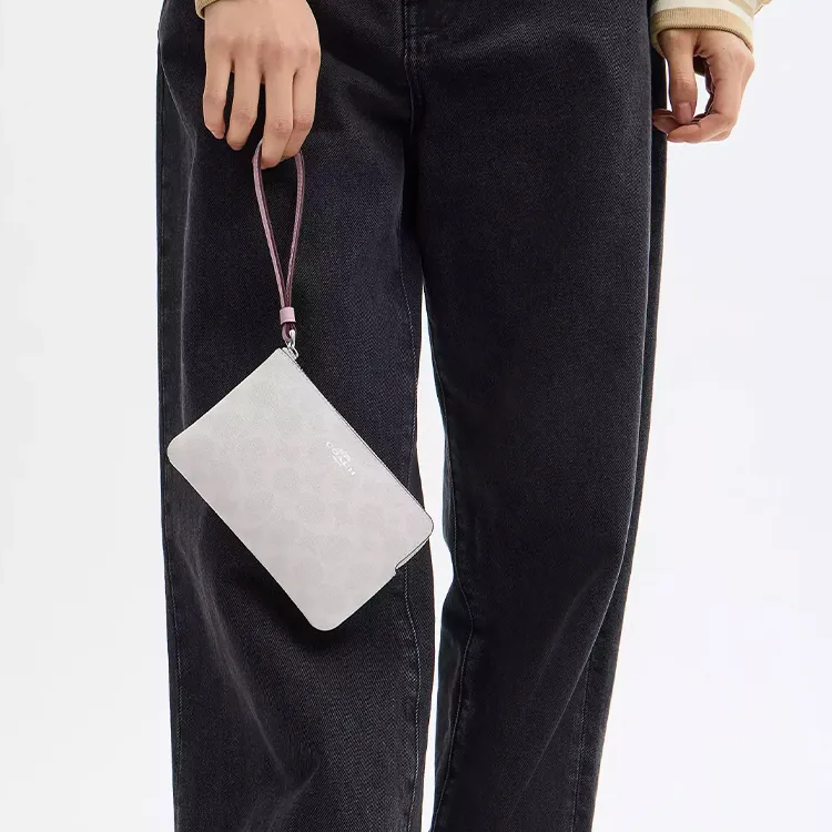 COACH Corner Zip Coated Canvas Clutch Trumpets Women's Silver & Chalk & Carnation-2
