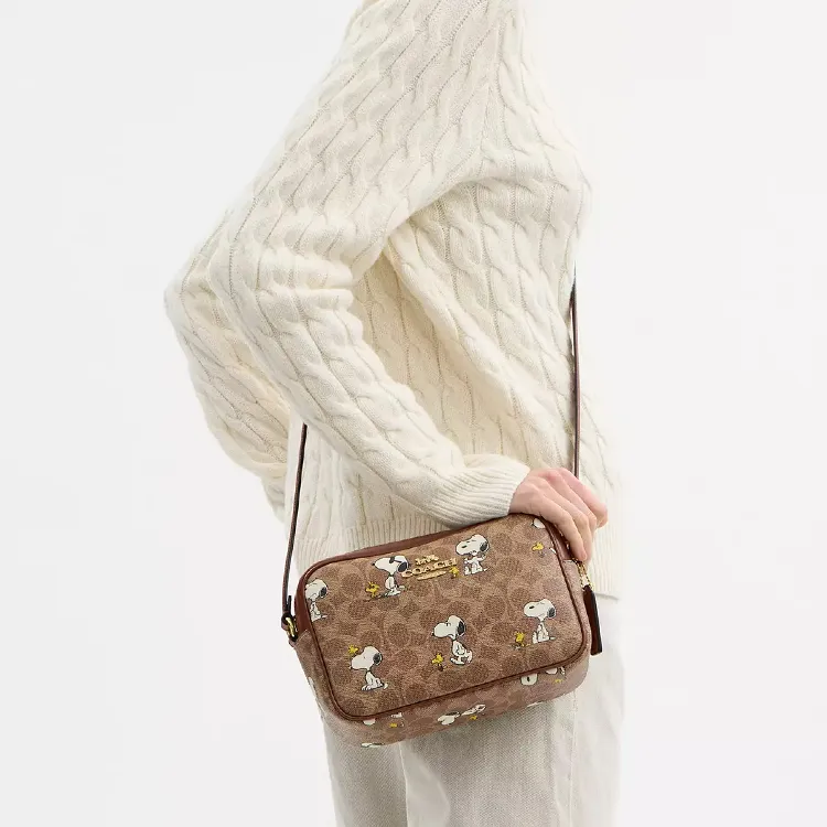 COACH PEANUTS Collaboration Jamie Coated Canvas Camera Bag, Shoulder Bag Medium Size Women's Tan & Brown Multicolor-4