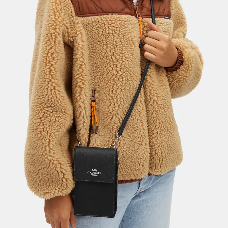 COACH Cross Grain Leather Cell Phone Pouch, Shoulder Bag, Crossbody Bag Mini Women's Black-4