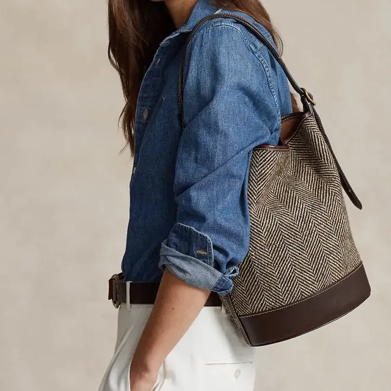Polo Ralph Lauren Bellport Fabric Cow Leather Patchwork Bucket Bag Portable Crossbody Bag Shoulder Bag Women's Brown-4