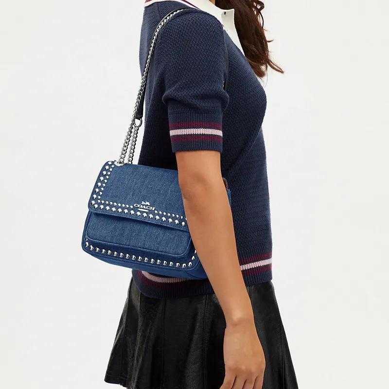 COACH Klare Denim With Pebbled Leather Shoulder Bag, Crossbody Bag Medium Size Women's Denim Blue-4