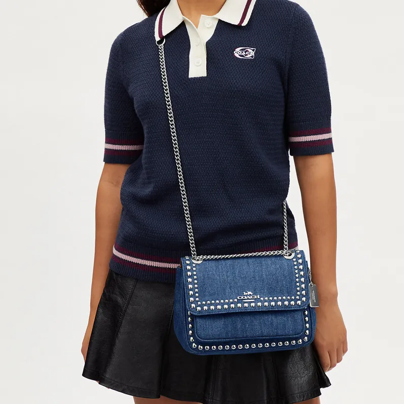 COACH Klare Denim With Pebbled Leather Shoulder Bag, Crossbody Bag Medium Size Women's Denim Blue-3