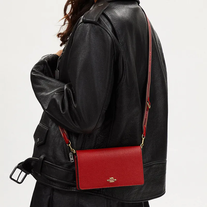 COACH Anna Pebbled Leather Envelope Bag Clutches Shoulder Bag Crossbody Bag Small Size Women's Red-3