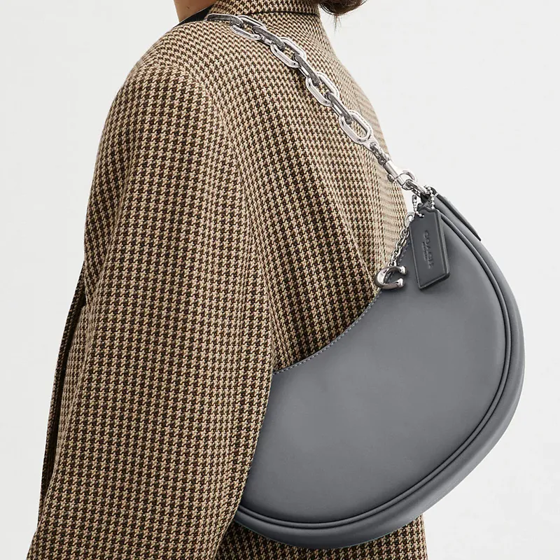 COACH Mira Cow Leather Crescent Bag, Portable Crossbody Bag, Shoulder Bag Women's Gray Blue-4