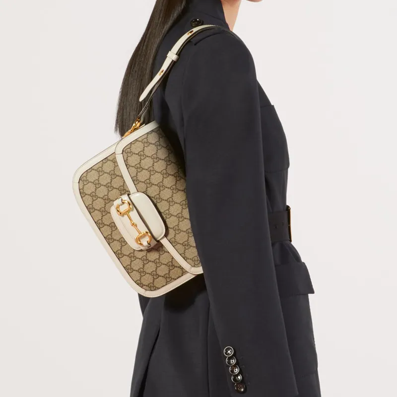 GUCCI Horsebit 1955 Canvas With Leather Canvas Bag Saddle Bag Crossbody Bag Shoulder Bag Women's Ebony & White-11