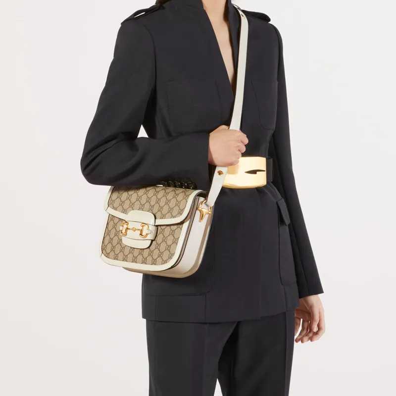 GUCCI Horsebit 1955 Canvas With Leather Canvas Bag Saddle Bag Crossbody Bag Shoulder Bag Women's Ebony & White-10