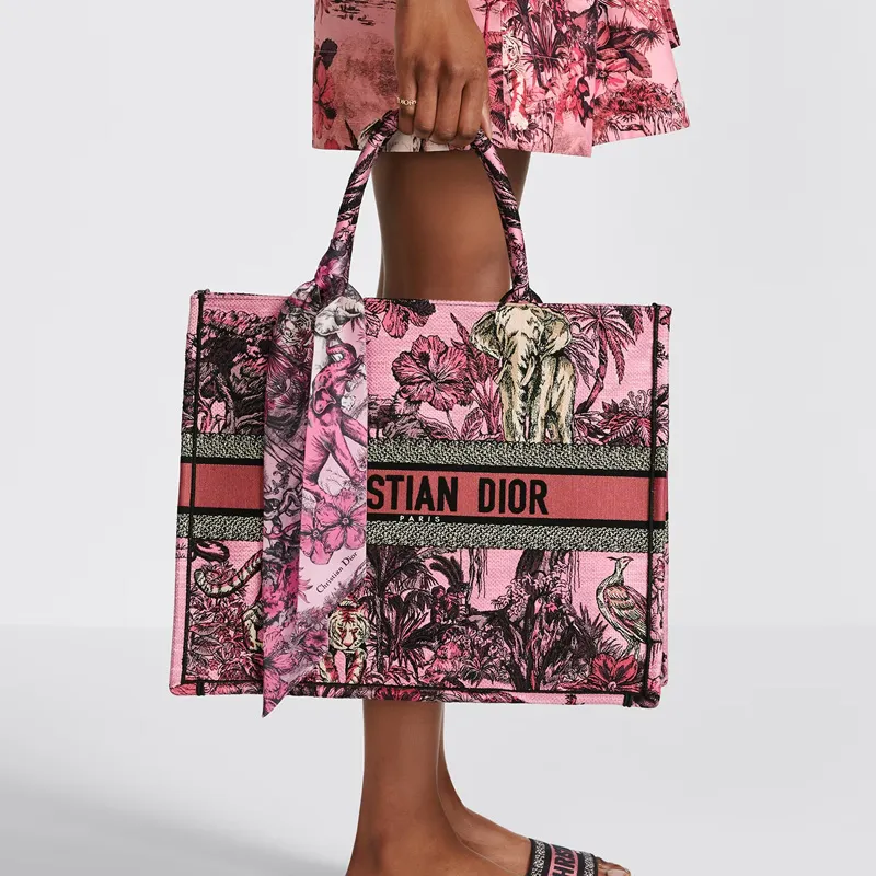 DIOR BookTote Embroidery Tote Bag Shopping Bag Handbag Large Size Women's Pink Multicolor-5