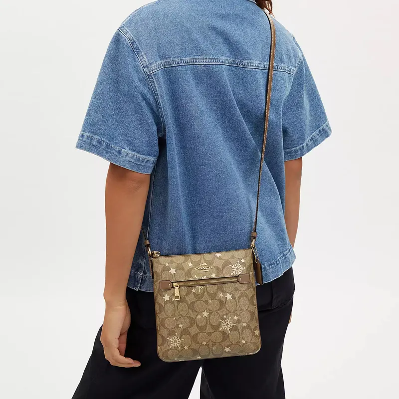 COACH Rowan Coated Canvas With Smooth Leather Shoulder Bag, Crossbody Bag Mini Women's Khaki & Saddle & Gold-3