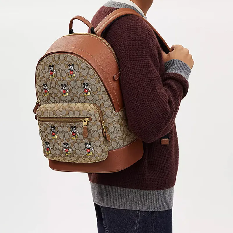 COACH X Disney Collaboration Fabric With Leather Backpack Large Size Unisex Khaki And Brown-4