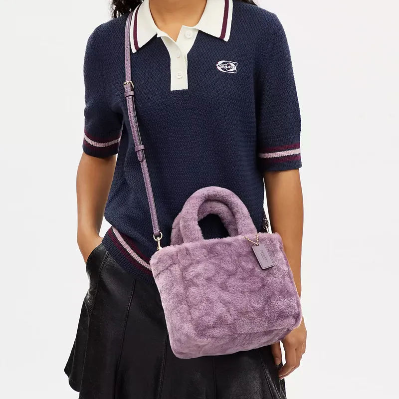 COACH Shearling With Smooth Leather Tote Bag Shopping Bag Shoulder Bag Crossbody Bag Handbag Small Size Women's Purple-3