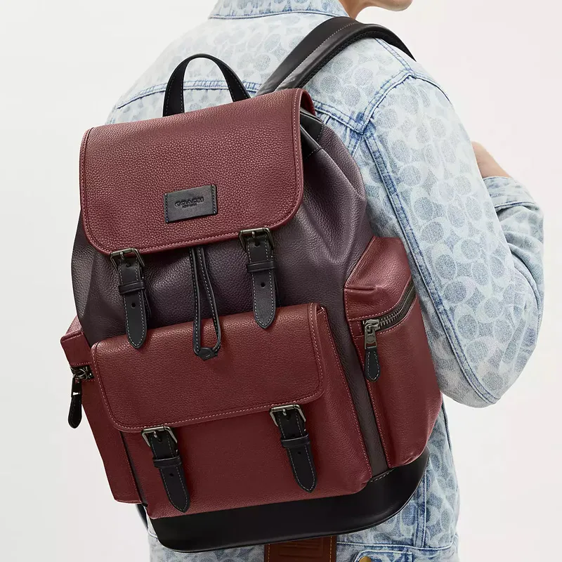 COACH Sprint Refined Pebbled Leather Backpack Medium Size Unisex Bronze & Burgundy Multicolor-3