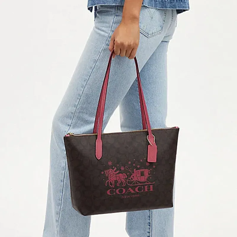 COACH Zip Top Tote Artificial Leather Tote Bag Shopping Bag Shoulder Bag Handbag Women's Brown & Rouge-3