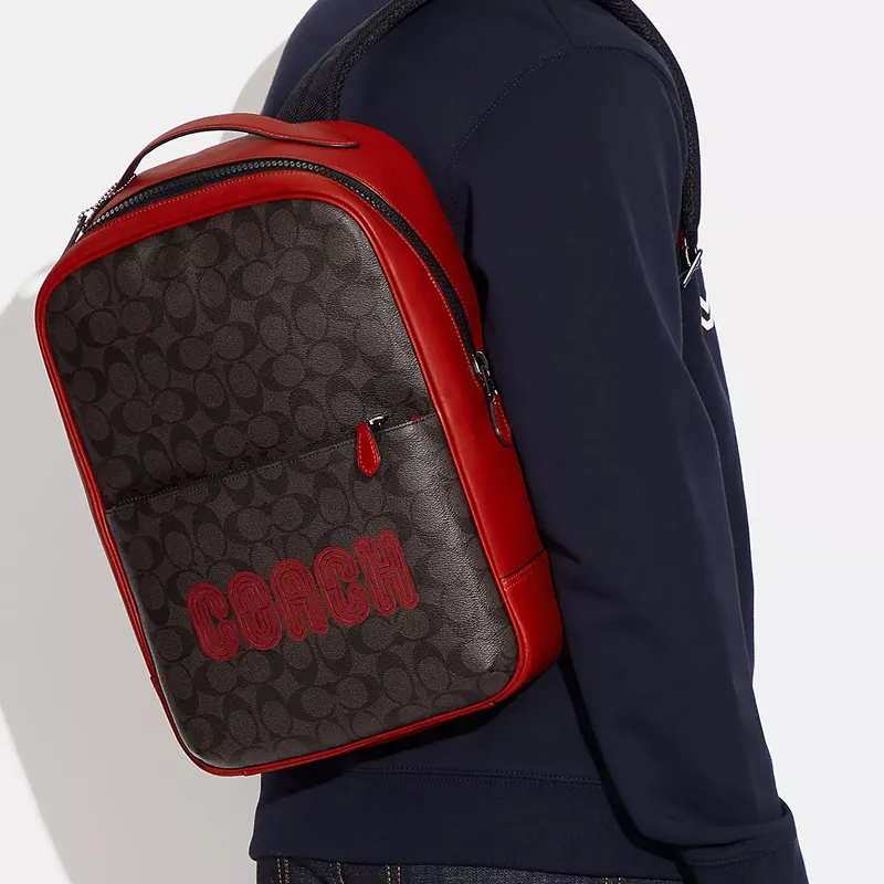 COACH Westway Coated Canvas With Smooth Calfskin Backpack Large Size Unisex Mahogany Color With Red-4