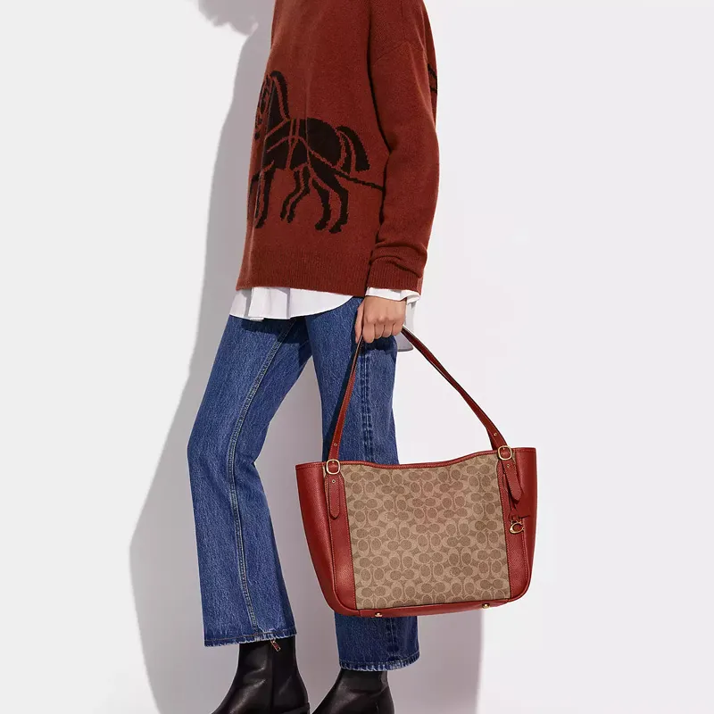 COACH Canvas Pebbled Leather Tote Bag Shopping Bag Handbag Shoulder Bag Women's Brown-4