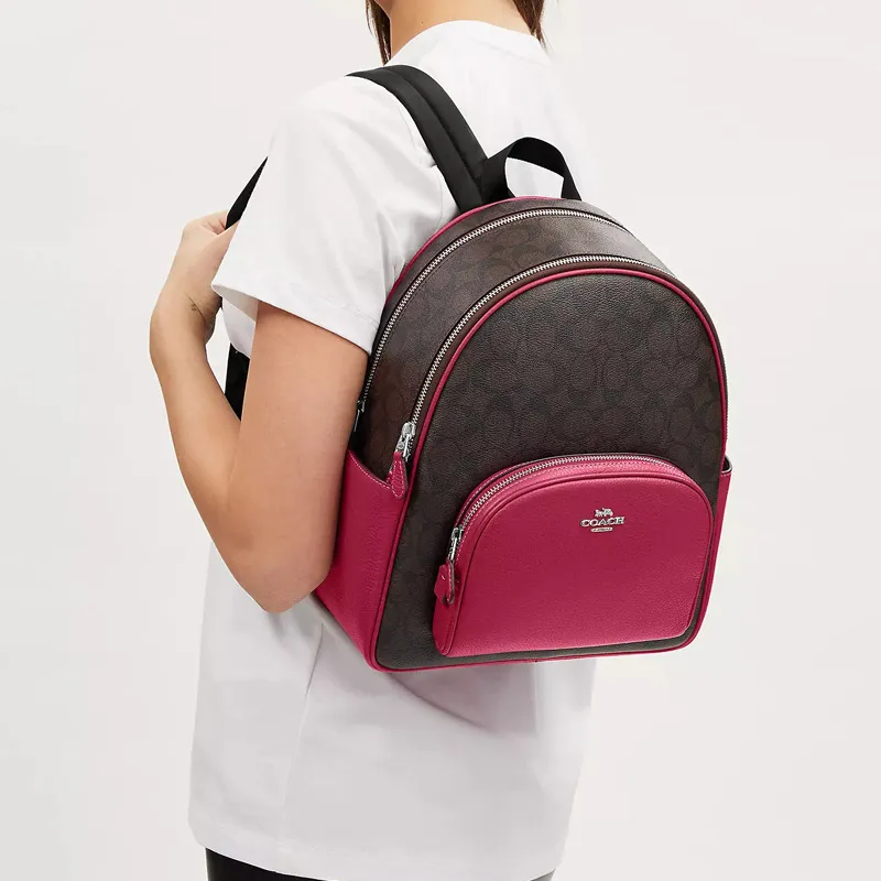 COACH Court Coated Canvas With Genuine Stone Grain Leather Backpack Large Size Women's Silver Brown Bright Purple-3