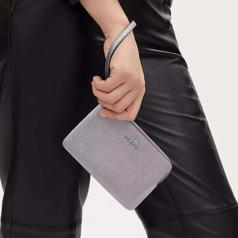 COACH Corner Zip Cross-Stitch Leather Clutch Wrist Bag Small Size Women's Metal Gray-2
